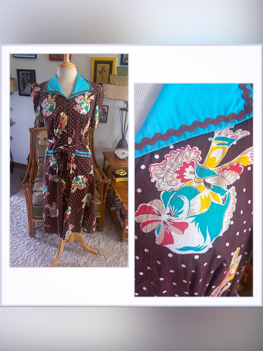 Retro Dress | 1940s Style | Novelty Print | Brown Multi | S M | Pinup | 40s